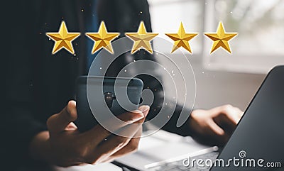 Man working with laptop computer and using smart mobile phone to feedback five star 3D icon Stock Photo