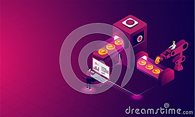 Man working on laptop management crypto data on glossy background for Crypto Mining concept based isometric design. Stock Photo