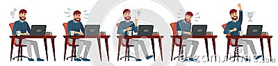 Man working on laptop. Office worker have idea, works with laptop and enjoys success. Work process, bearded programer Vector Illustration