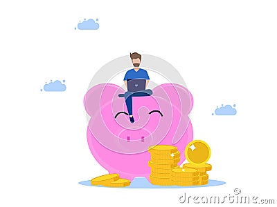 man working on laptop on piggy bank and pile of money. financial and investment Vector Illustration