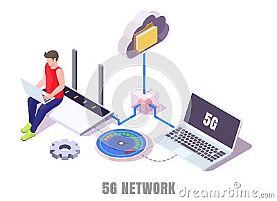 Man working on laptop, testing high speed internet, transferring data. 5g wireless network vector isometric illustration Vector Illustration