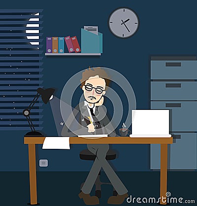 Man working late night deadline in office alone dark overtime sitting desk with lamp Stock Photo