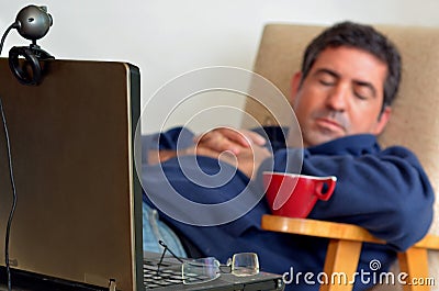 Man Working or learning from home Stock Photo