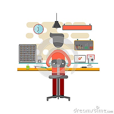 Man working in the office as computer technician. flat design vector.computer design Vector Illustration