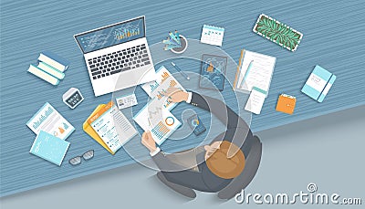 Man working in office at the table. Workplace Desktop Workspace Armchair, business office supplies, laptop, documents, tablet Vector Illustration