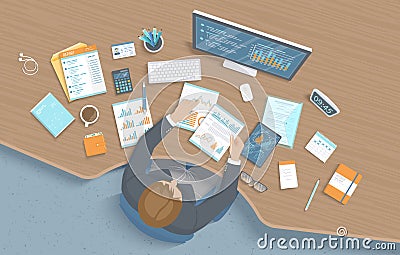 Man working in office at the table. Workplace Desktop Workspace Armchair, business office supplies, monitor. Charts, graphics Vector Illustration