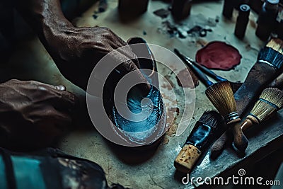 Man is working on a project, using a pair of scissors to cut a piece of wood. Stock Photo