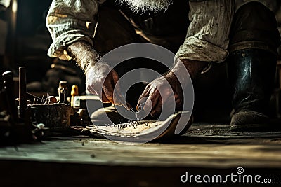 Man is working on a project, using a pair of scissors to cut a piece of wood Stock Photo