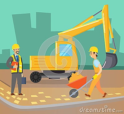 Mining Industry, Man Work on Quarry, Excavator Cartoon Illustration