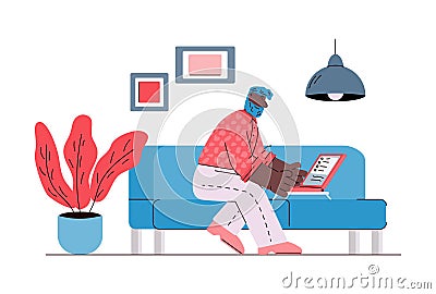 Man working remotely from home using laptop sketch vector illustration isolated. Vector Illustration