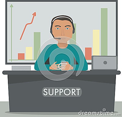 Man working in support, call center manager, secretary at the reception Vector Illustration