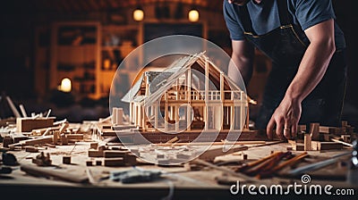A man working on a wooden model of a house Stock Photo