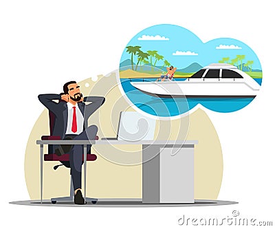 Man at workplace thinking about sailing on yacht, imagines future rest Vector Illustration