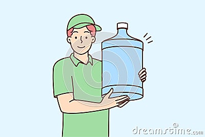 Man works as water delivery man holding large water cooler bottle in hands Vector Illustration