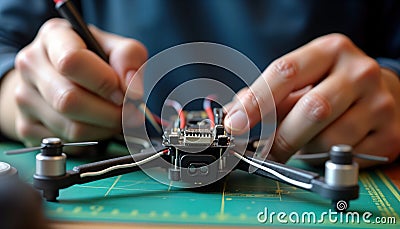 Man works on drone. Soldering FPV wires to small drone frame. Preparation for drone race in progress. Scene in workshop. Drone Stock Photo