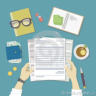 Man works with financial documents. Concept of paying bills, payments, taxes. Human hands hold the accounts, payroll, tax form. Vector Illustration