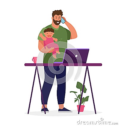 A man works from home at the computer, holds the child, calls on the phone. The concept of freelance, remote work, family and work Cartoon Illustration