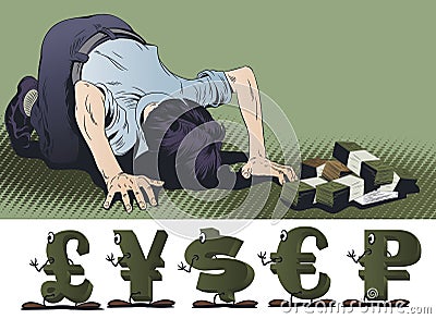 Man worships money. Man praying dollar sign. Stock illustration Vector Illustration