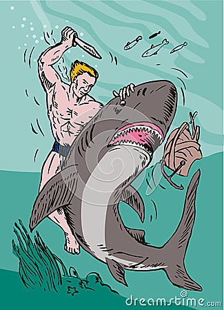 Man wrestling with shark Vector Illustration