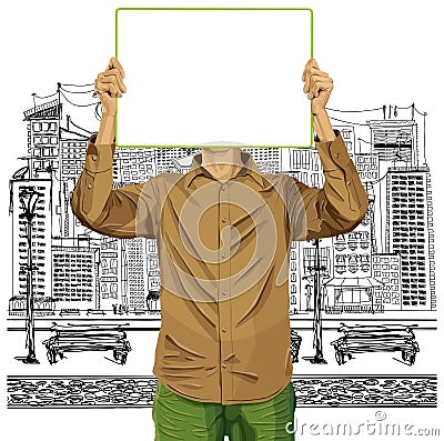 Man With Write Board Against His Head Vector Illustration