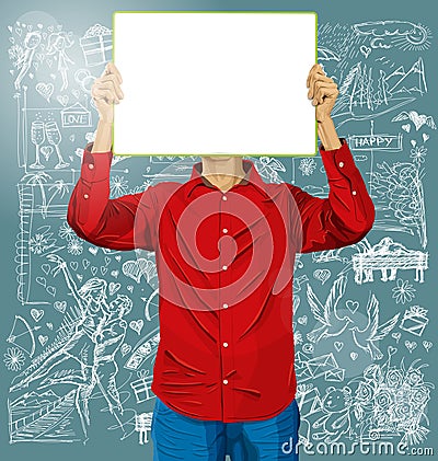 Man With Write Board Against Love Background Vector Illustration