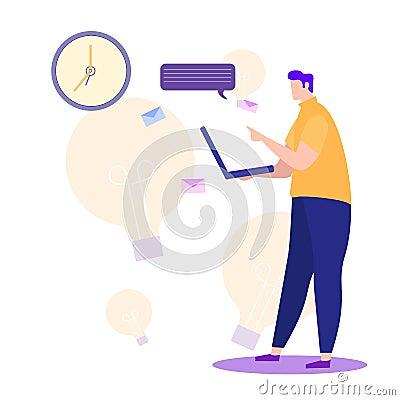 Man Write Message on Laptop on Background Clock. Vector Illustration