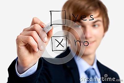 Man writing is vote on a glass board Stock Photo
