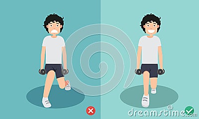 Man wrong and right dumbbell lunge posture Vector Illustration