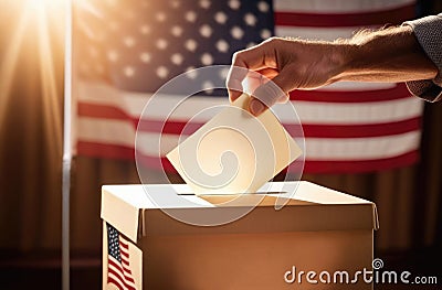 A man's hand drops his vote into the ballot box. American flags in the background. Voting for the presidential Stock Photo