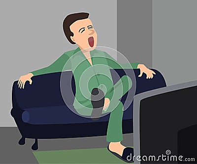 Man yawns sitting in front of TV cartoon Vector Illustration