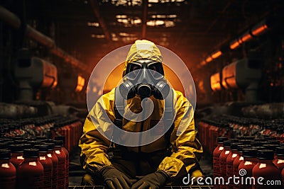 Man in yellow chemical protective costume and gas mask Stock Photo