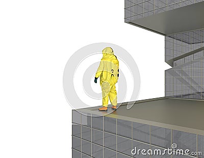 Man in yellow chemical protective suit standing on the edge of modern building on white background Stock Photo