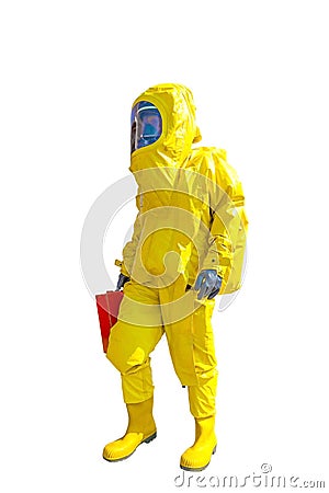 Man in yellow protective hazmat suit isolated on white Editorial Stock Photo