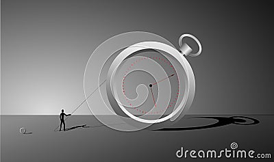 Manage the time, ring watch and small man with stick and long shadows, surrealism clock, change the time dreams, Vector Illustration