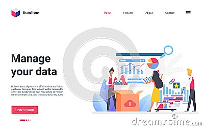 Manage your data concept landing page, business people in information processing workflow Vector Illustration