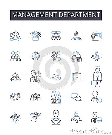 Management department line icons collection. Marketing team, Finance unit, Sales division, Human resources, Project Vector Illustration