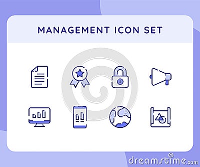 management icon icons set collection collections package certified paper document padlock speaker internet global white isolated Vector Illustration