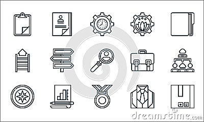 Management line icons. linear set. quality vector line set such as box, medal, compass, suit, analysis, career, business, stress Vector Illustration