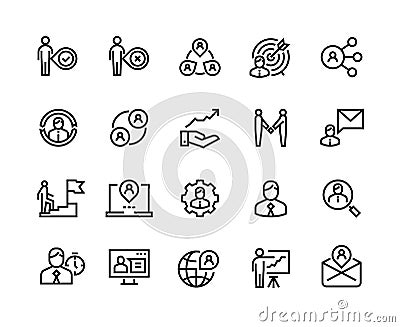 Management line icons. Team work referral network finance organization money success businessman. Business network Vector Illustration