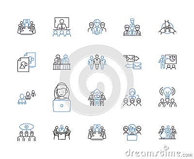 Management meeting outline icons collection. Management, Meeting, Agenda, Team, Review, Motivate, Assign vector and Vector Illustration