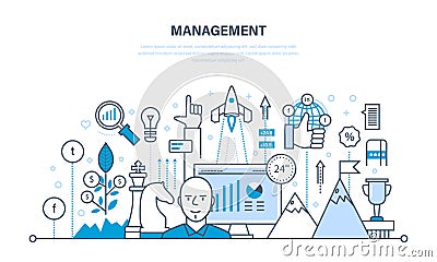 Management, organization of working process and time, business planning, teamwork. Vector Illustration