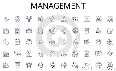 Management line icons collection. Acquire, Takeover, Merger, Consolidation, Buyout, Acquisition, Integration vector and Vector Illustration