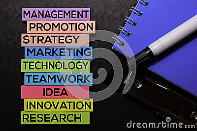 Management, Promotion, Strategy, Marketing, Technology, Teamwork, Idea, Innovation, Research text on sticky notes isolated on Stock Photo