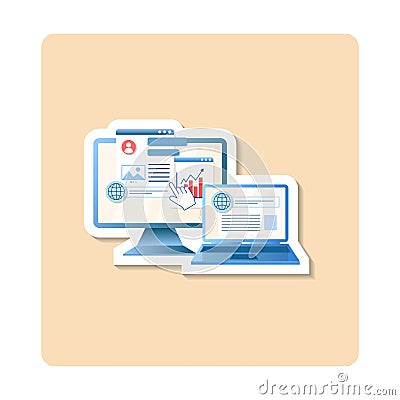 IT management sticker illustration. Monitor, gear, hand, chart, arrow. Editable vector graphic design. Vector Illustration