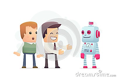 Manager advertises new assistant robot Cartoon Illustration