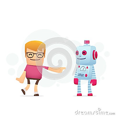 Manager advertises new assistant robot Cartoon Illustration