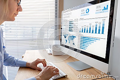 Manager analysing performance data on dashboard with KPI and metrics. Business analytics used in operations and sale management. Stock Photo