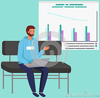 Manager analyze data scene. Male character researching statistics from charts. Optimization strategy Vector Illustration