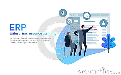 IT manager on ERP Enterprise Resource Planning screen with business intelligence, production, HR and CRM modules Vector Illustration