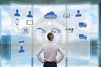 Manager with AR smart factory, industry, automated manufacturing, cloud computing Stock Photo